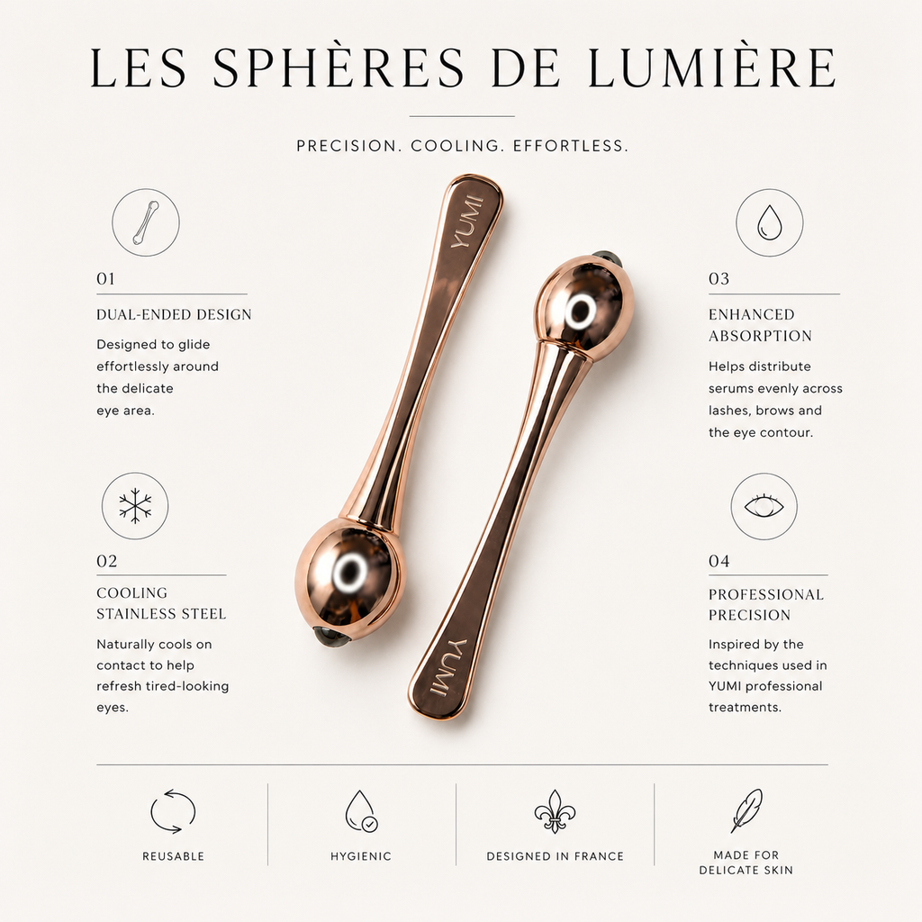 Two rose gold YUMI double-ended eye serums with detailed feature callouts on a light beige background.