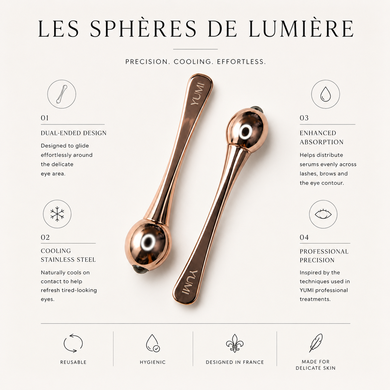 Two rose gold YUMI double-ended eye serums with detailed feature callouts on a light beige background.