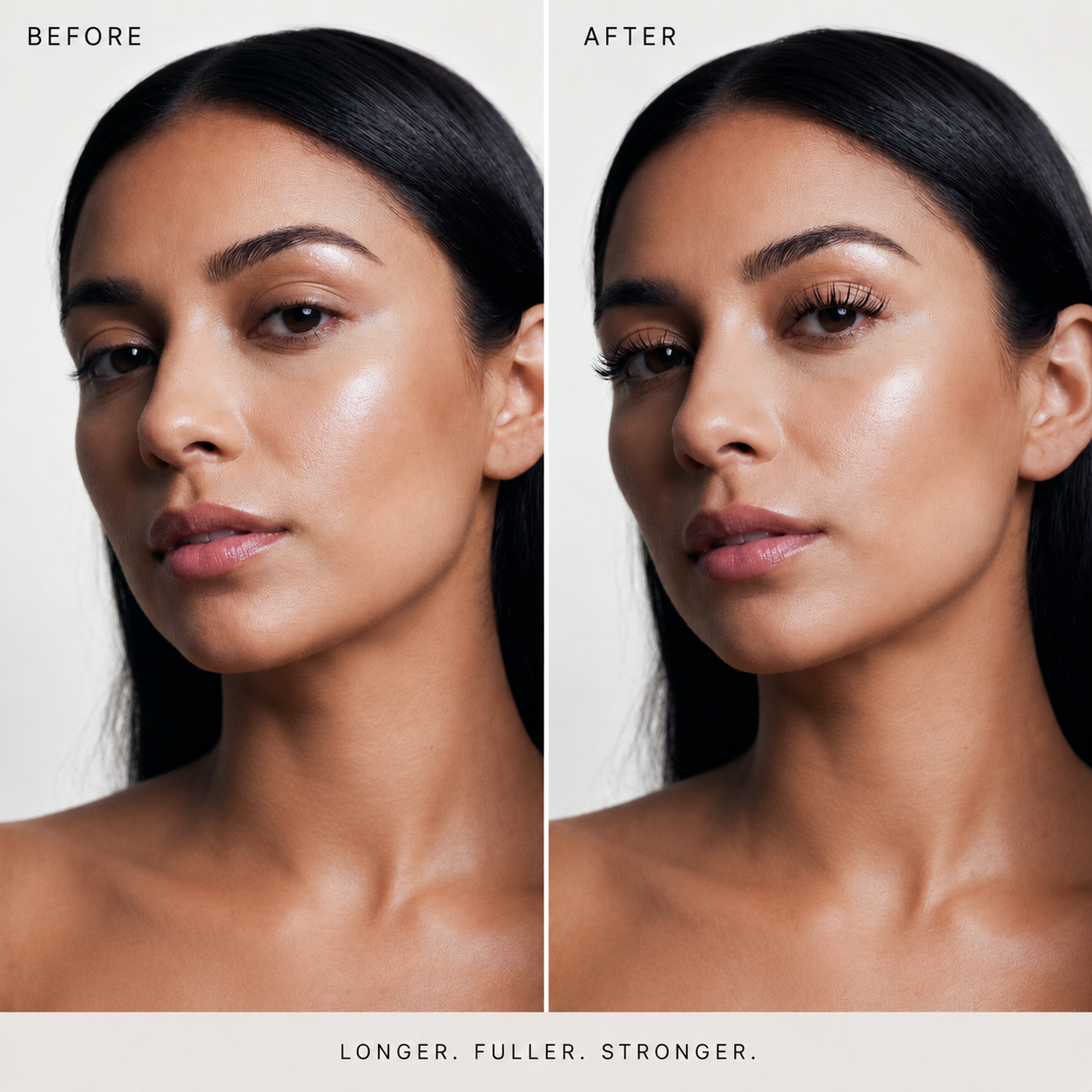 Before-and-after beauty comparison of a woman's face showing fuller, smoother skin, with the text 'BEFORE', 'AFTER', and 'LONGER. FULLER.