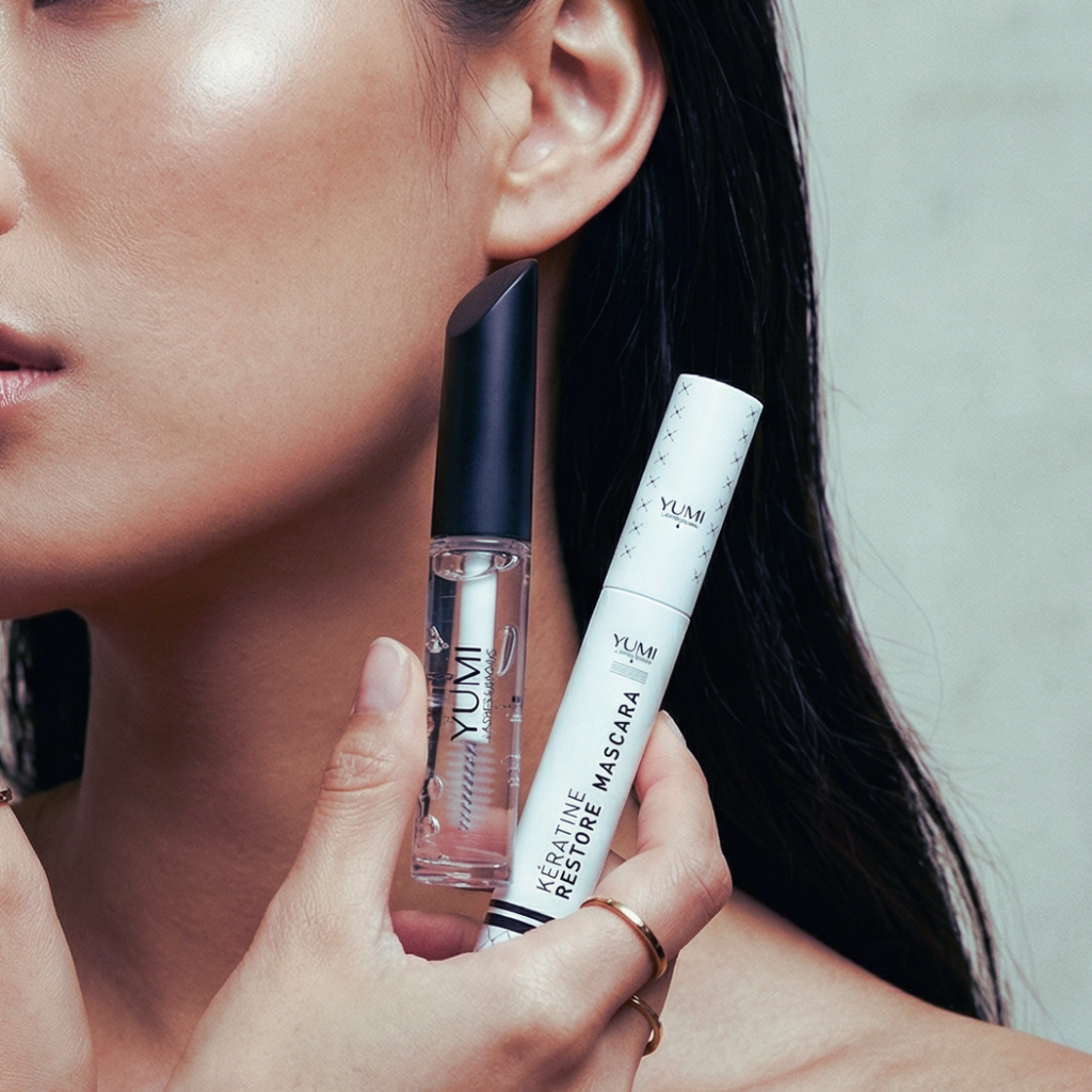 Woman holding YUMI Aftercare mascara and YUMI Keratin Mascara with a neutral background