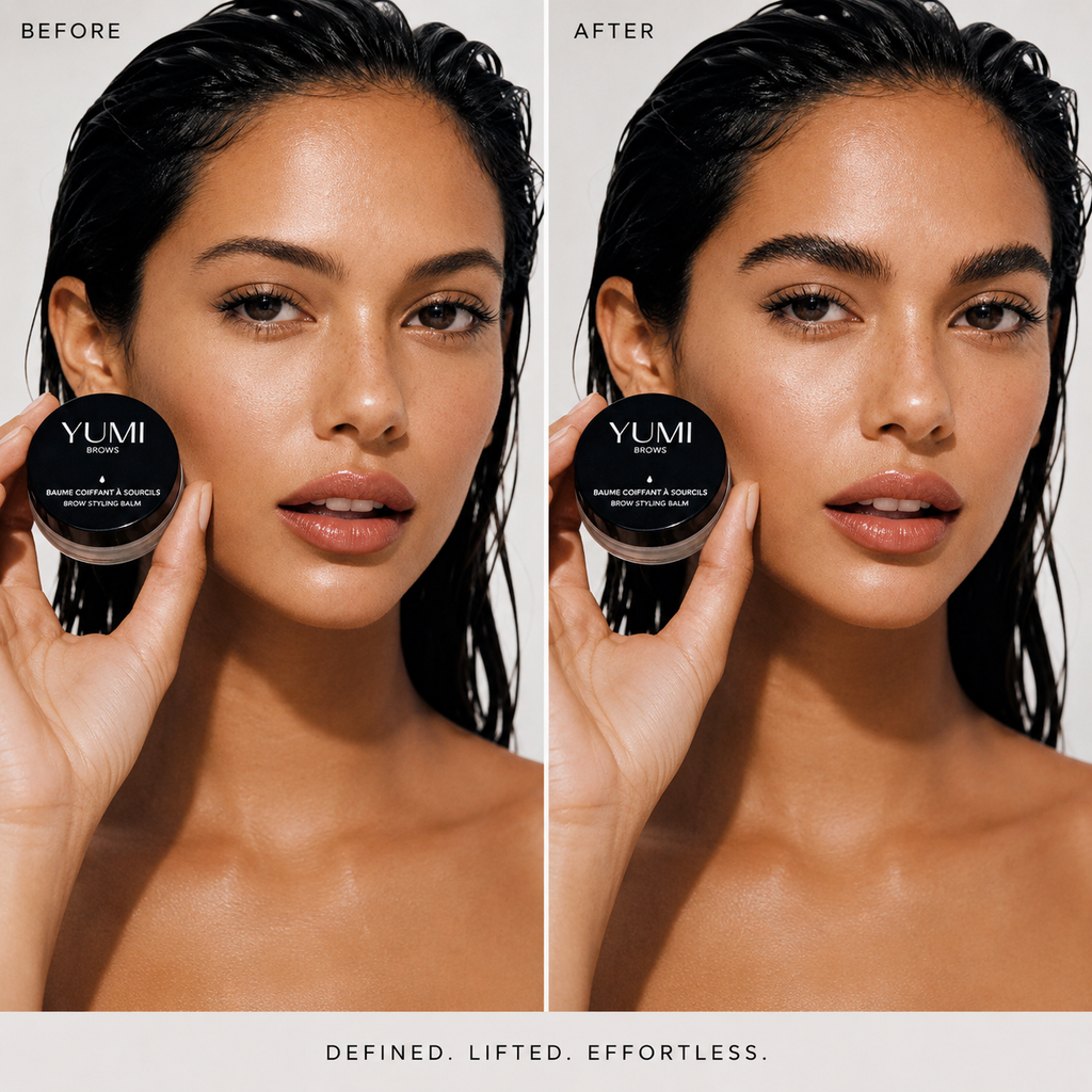 Side-by-side before and after beauty comparison of a woman holding a black YUMi brow balm , showing smoother, lifted skin on the right labeled 'AFTER'.