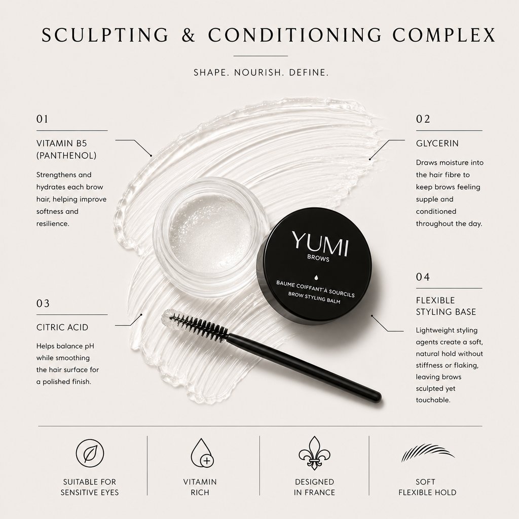Yumi Beauty Sculpting & Conditioning Complex brow brow wax jar shown on a cream background with callout text explaining ingredients and benefits, plus a spoolie applicator.