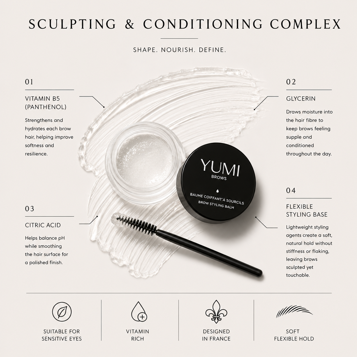 Yumi Beauty Sculpting & Conditioning Complex brow brow wax jar shown on a cream background with callout text explaining ingredients and benefits, plus a spoolie applicator.