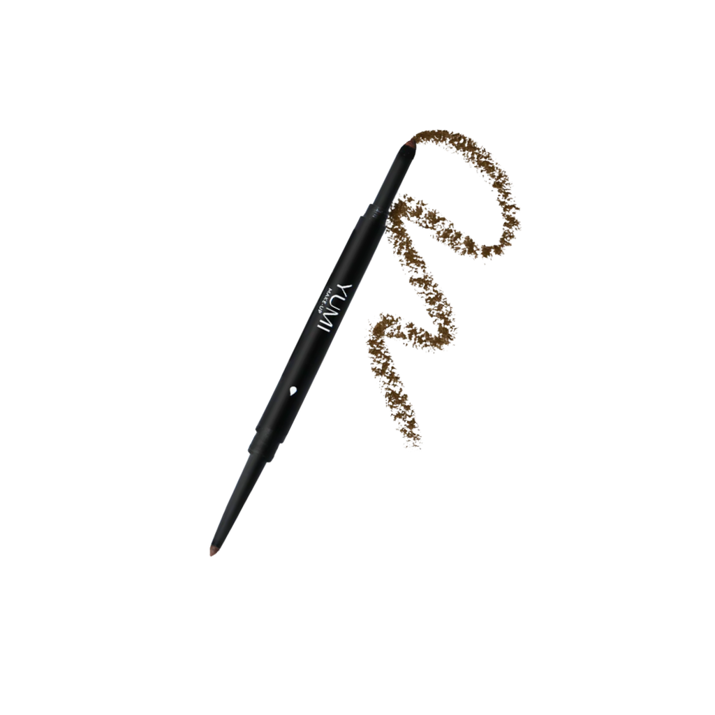 Eyebrow pencil with brown powder on a white background