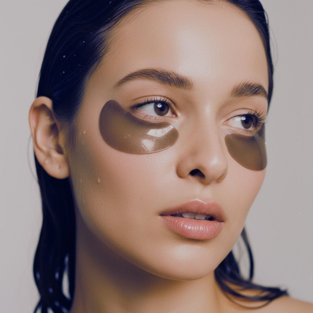 Woman wearing charcoal eye patches against a neutral background