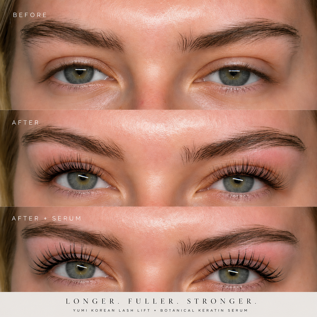 Three stacked close-up panels of a woman's eyes and eyebrows showing a before/after comparison for lash lift and serum treatment. The top panel is labeled BEFORE, the middle shows the natural result, and the bottom shows the after result with fuller, longer lashes.