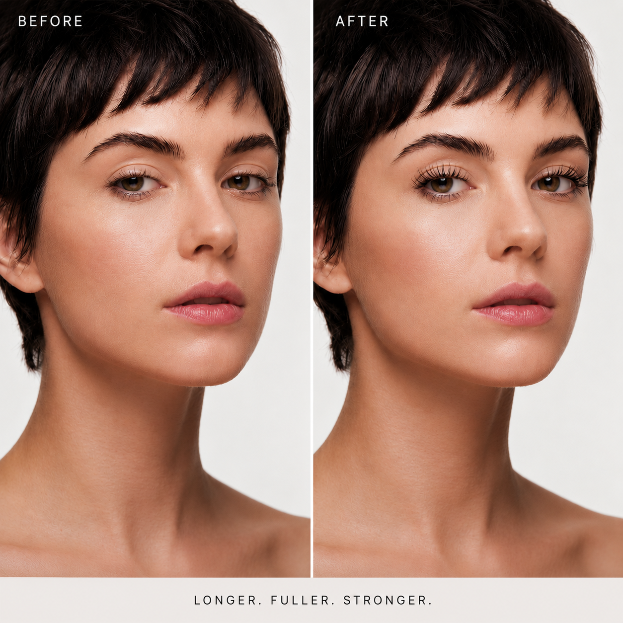 Before-and-after beauty comparison of a woman with short dark hair, showing fuller, smoother skin and a fuller neckline in the after view. The image includes the text 'BEFORE', 'AFTER', and 'LONGER.