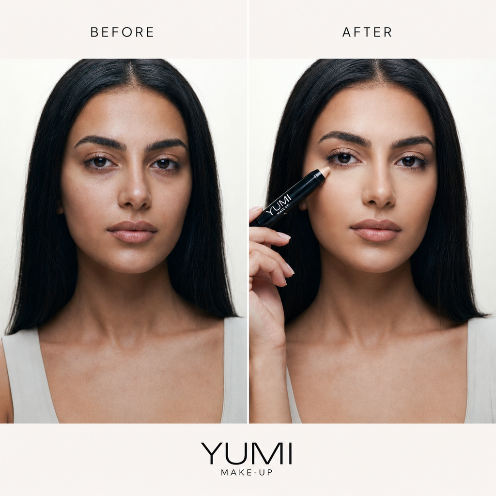 Before and after makeup application comparison on a woman with long black hair. The left panel shows the face without makeup, and the right panel shows the face with YUMI MAKE UP eyeshadow applied, with the YUMI MAKE UP brand logo at the bottom.